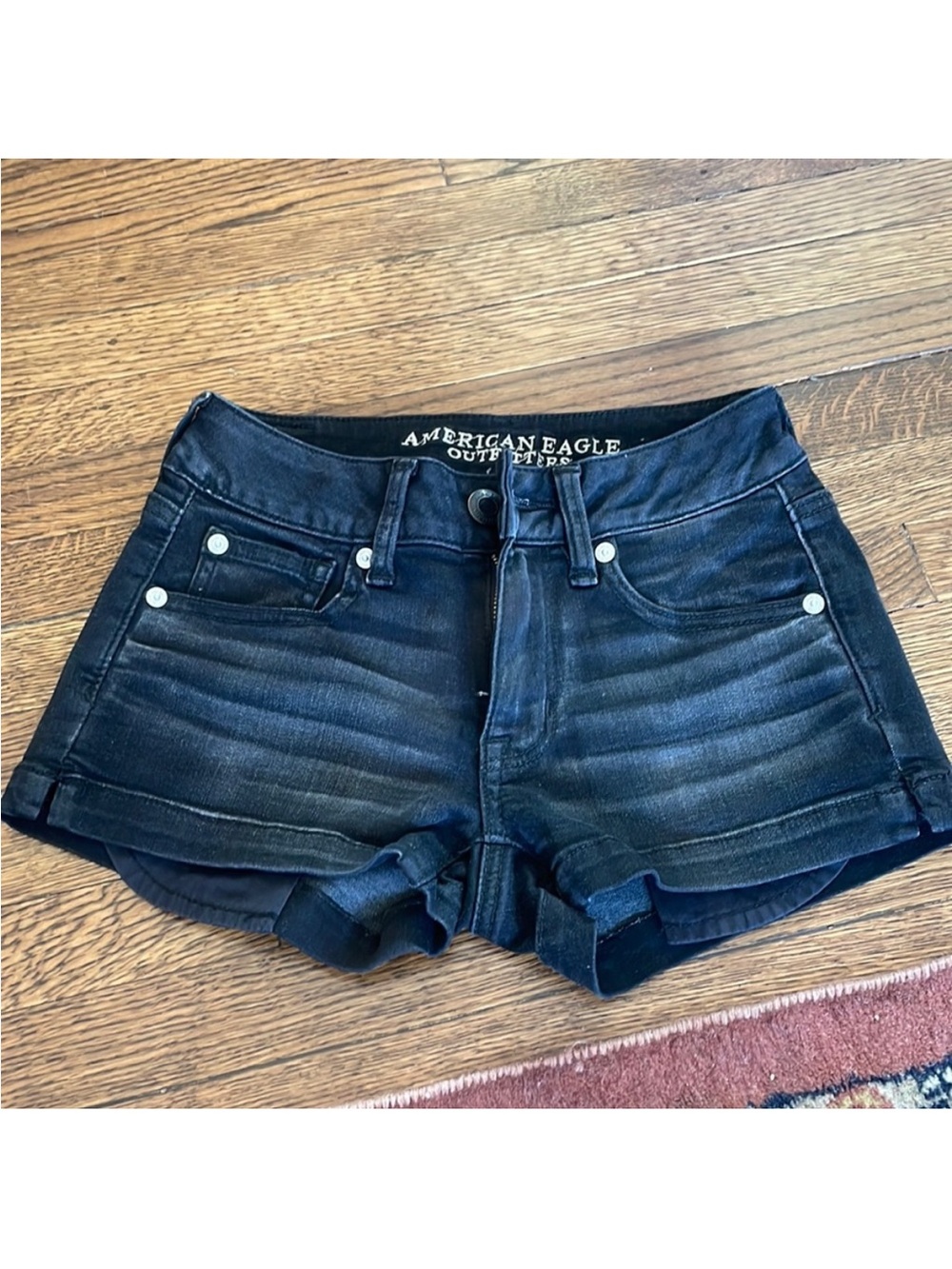 American Eagle Black Denim Low Rise Shortie Super Super Stretch Short Shorts